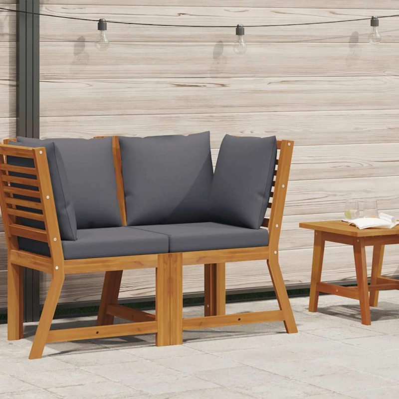 vidaXL stūra dīvāns ar tumši pelēkiem matračiem, akācijas masīvkoks