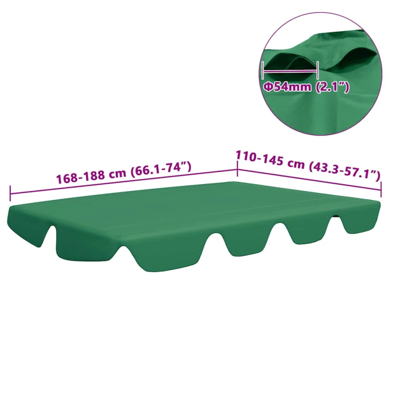 vidaXL dārza šūpoļu rezerves jumtiņš, zaļš, 188-168x145-110 cm