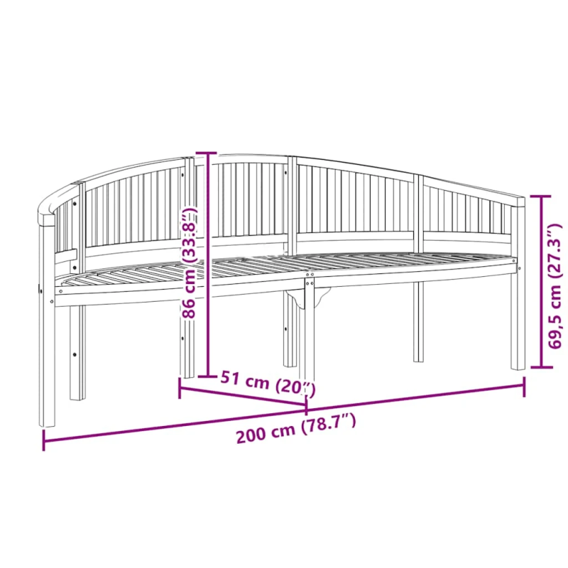 vidaXL banāna formas sols, 200 cm, masīvs tīkkoks