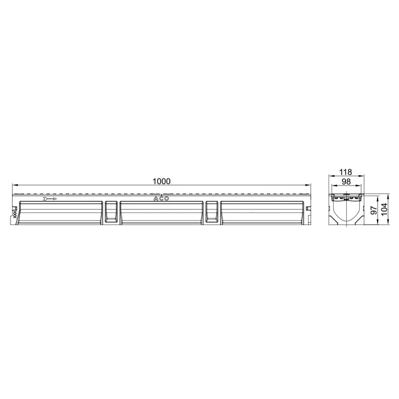 Drenāžas kanāls Euroline 2.0 Aco ar cauruli, B 125, 100 cm x 11.8 cm x 10.4 cm