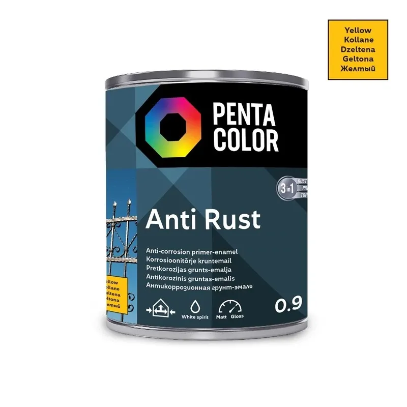 Emaljas krāsa, aizsargā metāla konstrukcijas pret koroziju Pentacolor Anti Rust, pus-spīdīgs, 0.9 l, dzeltena krās.