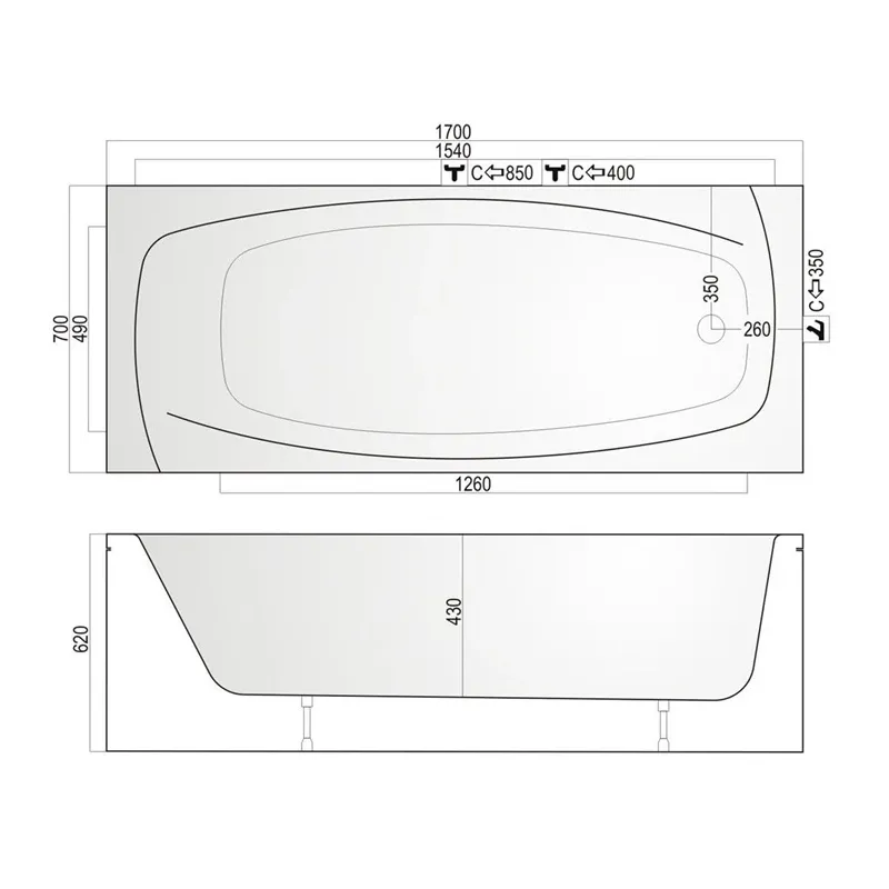 Vanna, iebūvējams Kyma Lina, 170 cm x 70 cm x 62 cm, taisnstūris, balta krās.