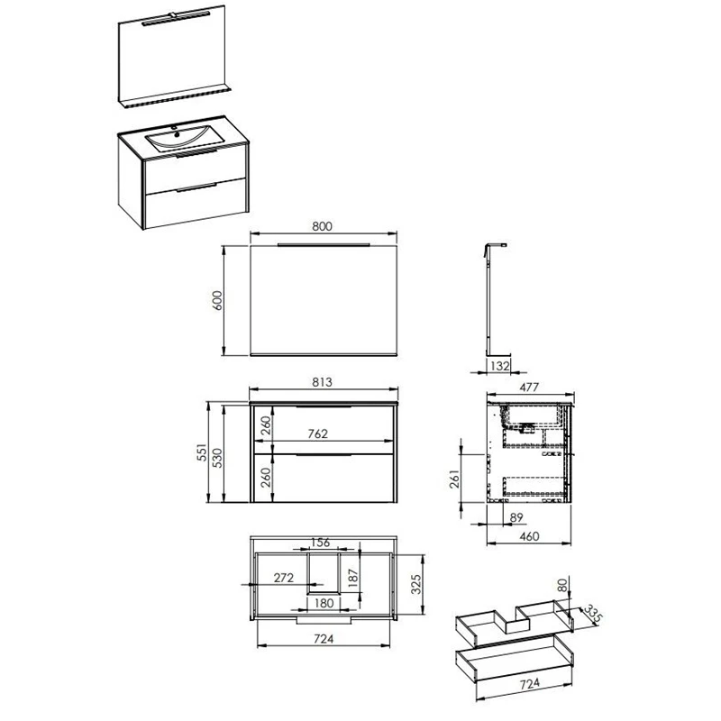 Vannas istabas skapītis ar izlietni un spoguli Aria koka 46×80×60