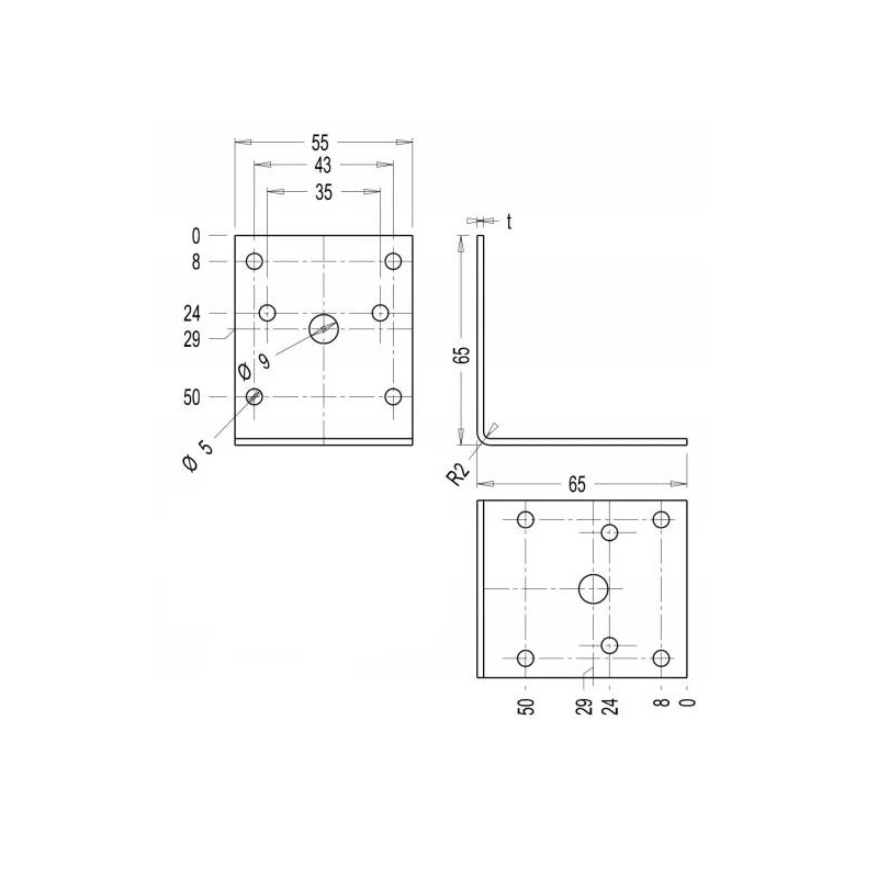 Stiprinājuma leņķis 65x65x55x3 mm