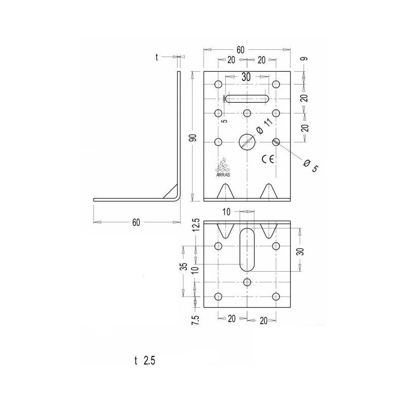 Stiprinājuma leņķis, pastiprināts, 90×60×60×2.5 mm
