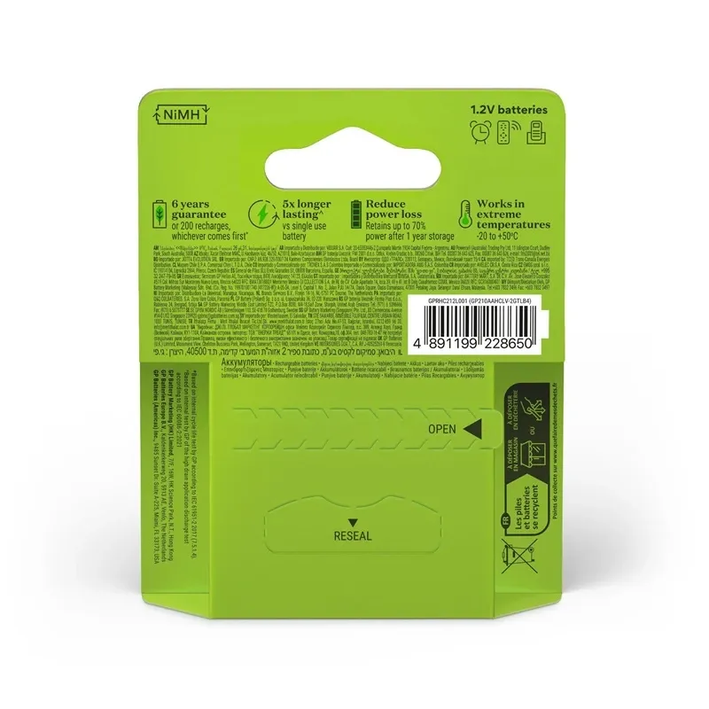 Uzlādējamās baterijas GP GPRHC212L001, AA, 2100 mAh, 4 gab.