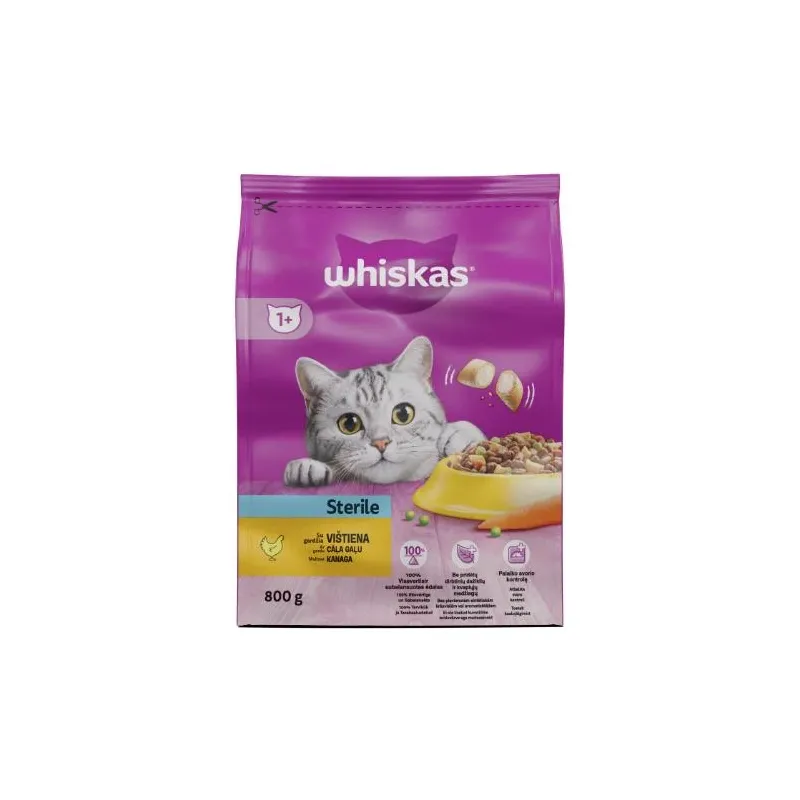 Sausā kaķu barība Whiskas Sterile, vistas gaļa, 0.8 kg