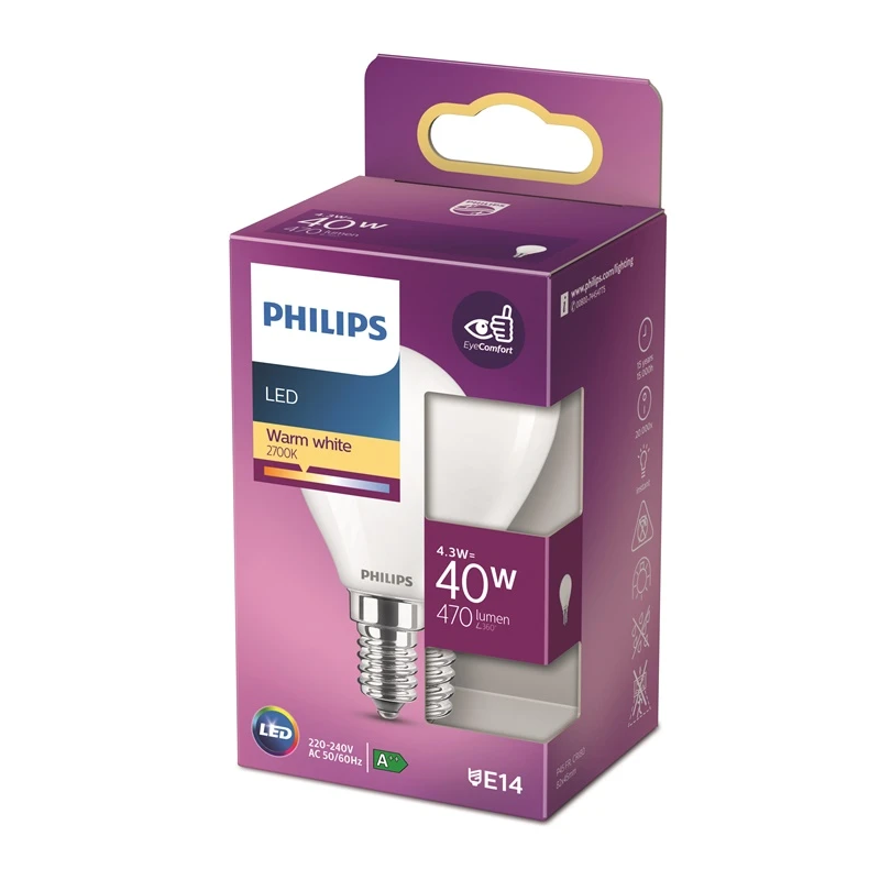 LED spuldze Philips P45, 4.3W, E14, 2700K, 470lm, matēta