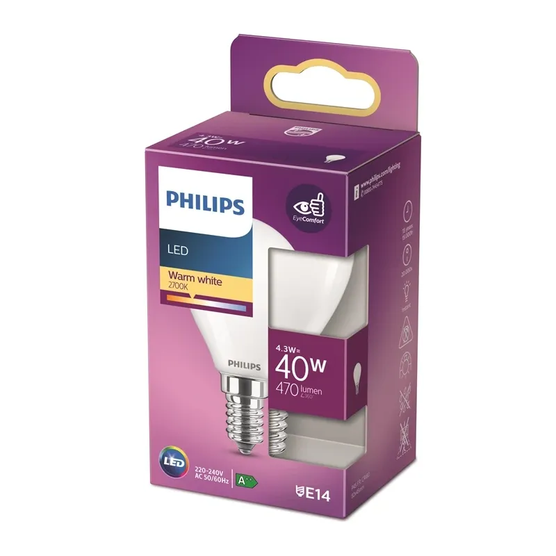 Spuldze Philips LED, P45, 2700 °K, E14, 4.3 W, 470 lm