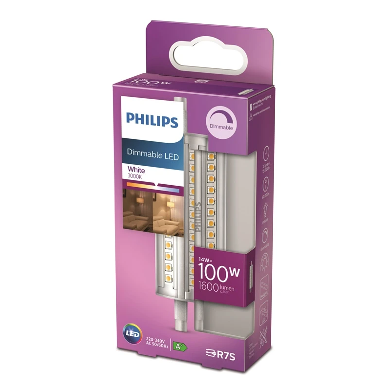 LED spuldze Philips R7S. 14W. 118mm. 3000K. 1600lm. dim