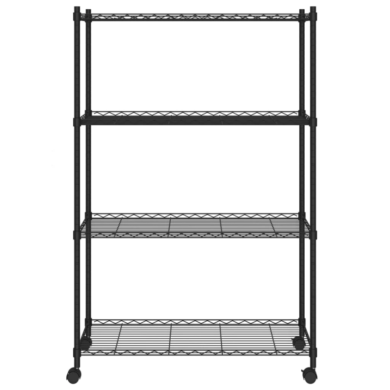 vidaXL 4 līmeņu glabāšanas plaukts ar riteņiem, melns, 90x35x142 cm