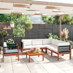 vidaXL 7 daļu dārza atpūtas mēbeļu komplekts ar spilveniem, krēmkrāsas koks, akācija un virve