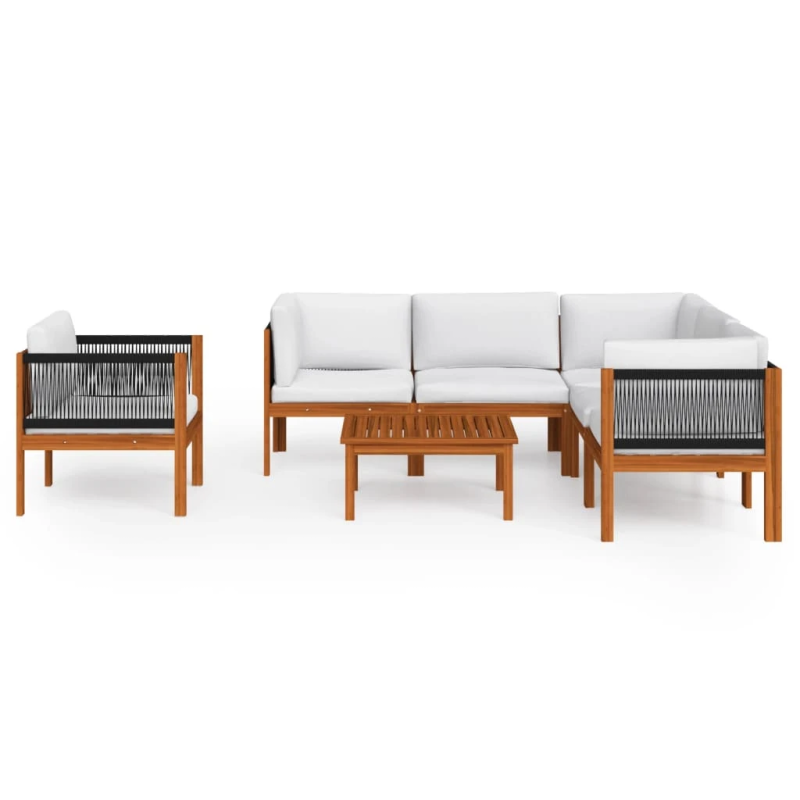 vidaXL 7 daļu dārza atpūtas mēbeļu komplekts ar spilveniem, krēmkrāsas koks, akācija un virve