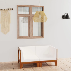 vidaXL divvietīgs dīvāns, krēmkrāsas spilveni, akācijas masīvkoks