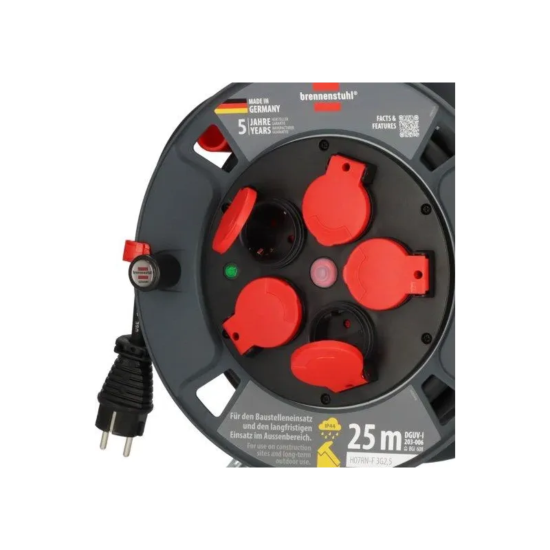 Pagarinātājs ar spoli Brennenstuhl, 3 x 2,5 mm², 25 m, IP44, 5 ligzdas