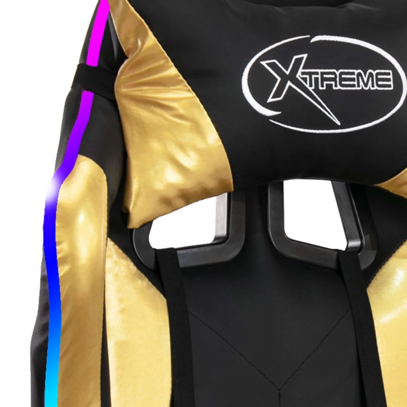 vidaXL biroja krēsls, RGB LED gaismas, zelta un melna mākslīgā āda