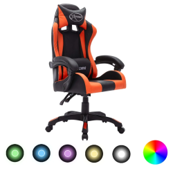 vidaXL biroja krēsls, RGB LED gaismas, oranža un melna mākslīgā āda