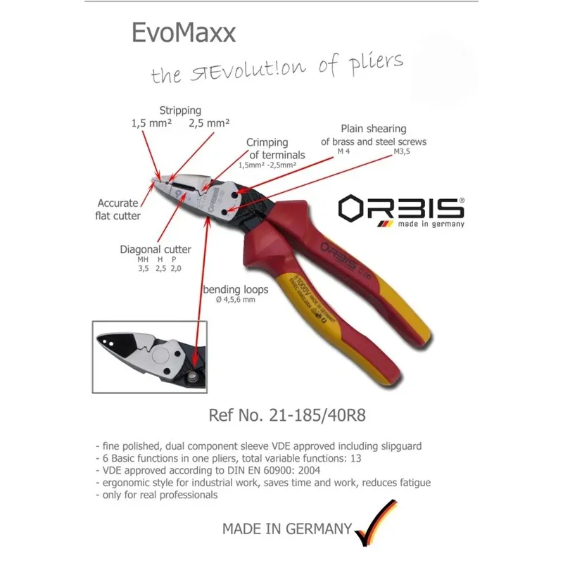 Knaibles izolēts-elektroinstalācijai Orbis 21-1850-40RV, 180 mm