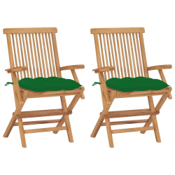 vidaXL dārza krēsli, zaļi matrači, 2 gab., masīvs tīkkoks