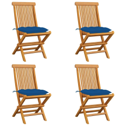 vidaXL dārza krēsli, zili matrači, 4 gab., masīvs tīkkoks