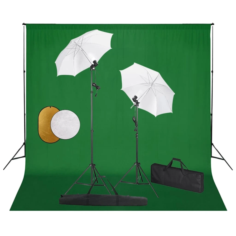 vidaXL fotostudijas komplekts – lampas, lietussargi, fons, reflektori