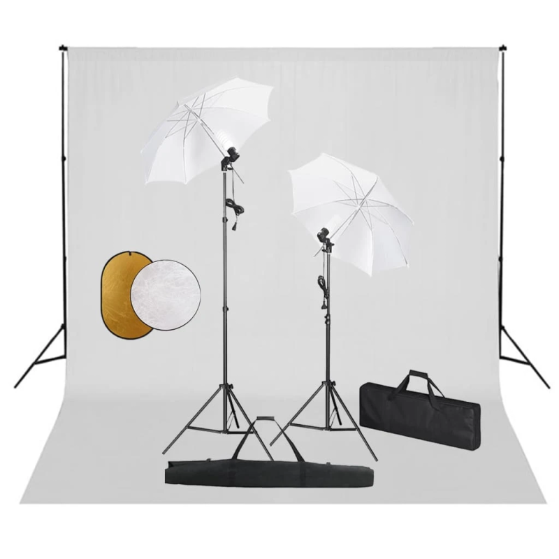 vidaXL fotostudijas komplekts – lampas, lietussargi, fons, reflektori