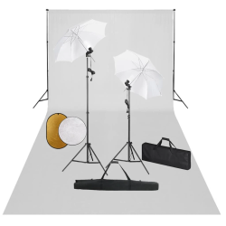 vidaXL fotostudijas komplekts – lampas, lietussargi, fons, reflektori