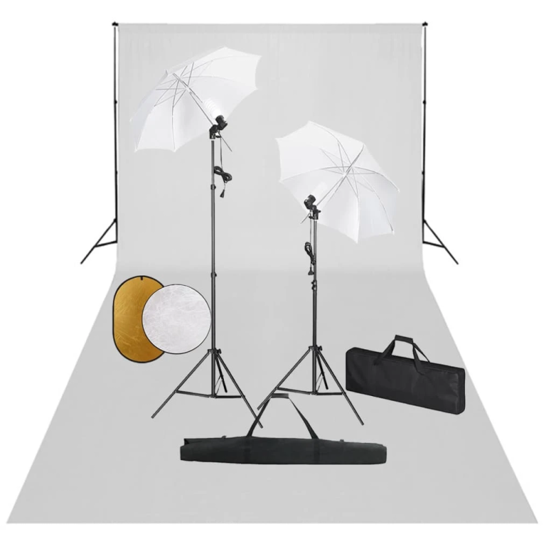vidaXL fotostudijas komplekts – lampas, lietussargi, fons, reflektori