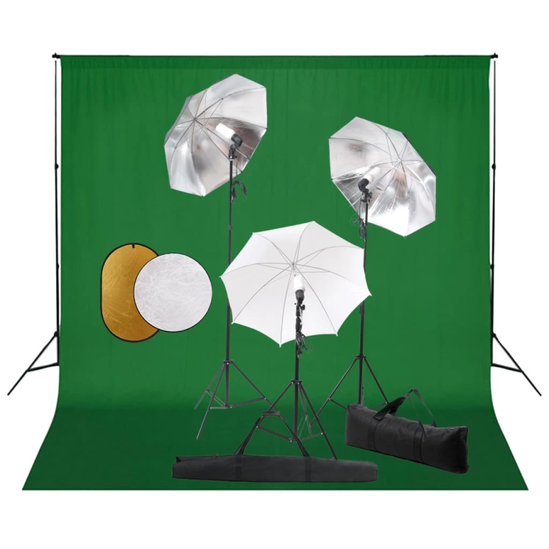 vidaXL fotostudijas komplekts – lampas, lietussargi, fons, reflektori