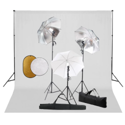vidaXL fotostudijas komplekts – lampas, lietussargi, fons, reflektori