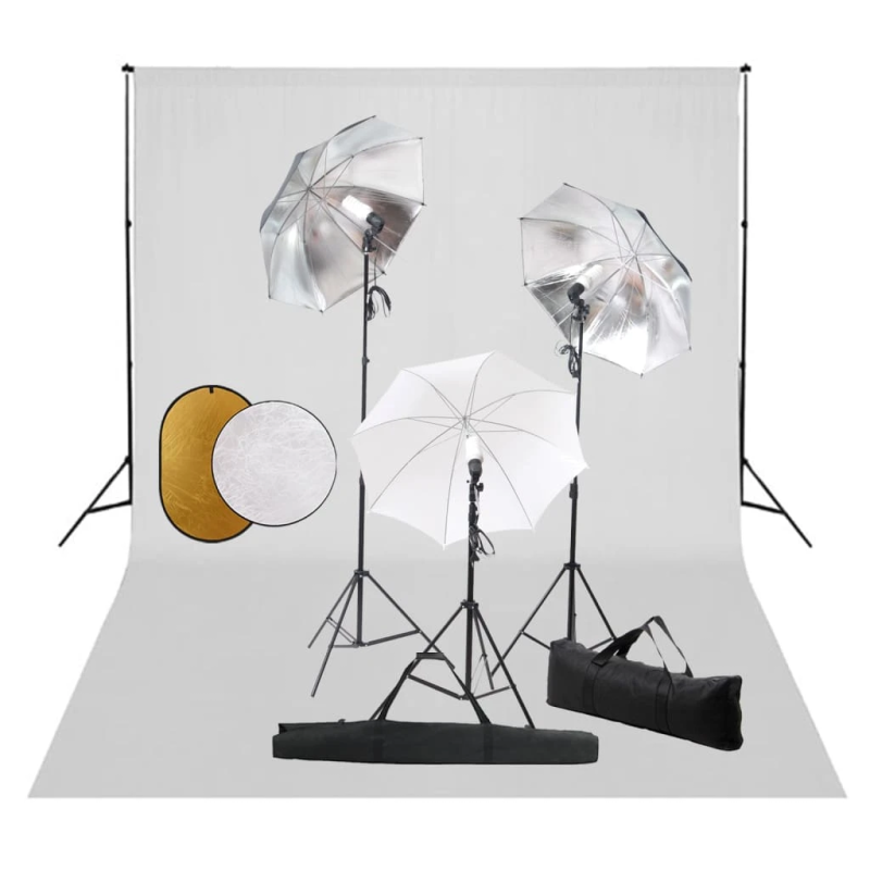 vidaXL fotostudijas komplekts – lampas, lietussargi, fons, reflektori