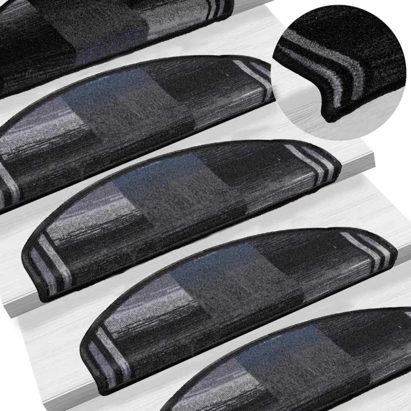 vidaXL kāpņu paklāji, 5 gab., pašlīmējoši, 65x21x4 cm, melni ar pelēku