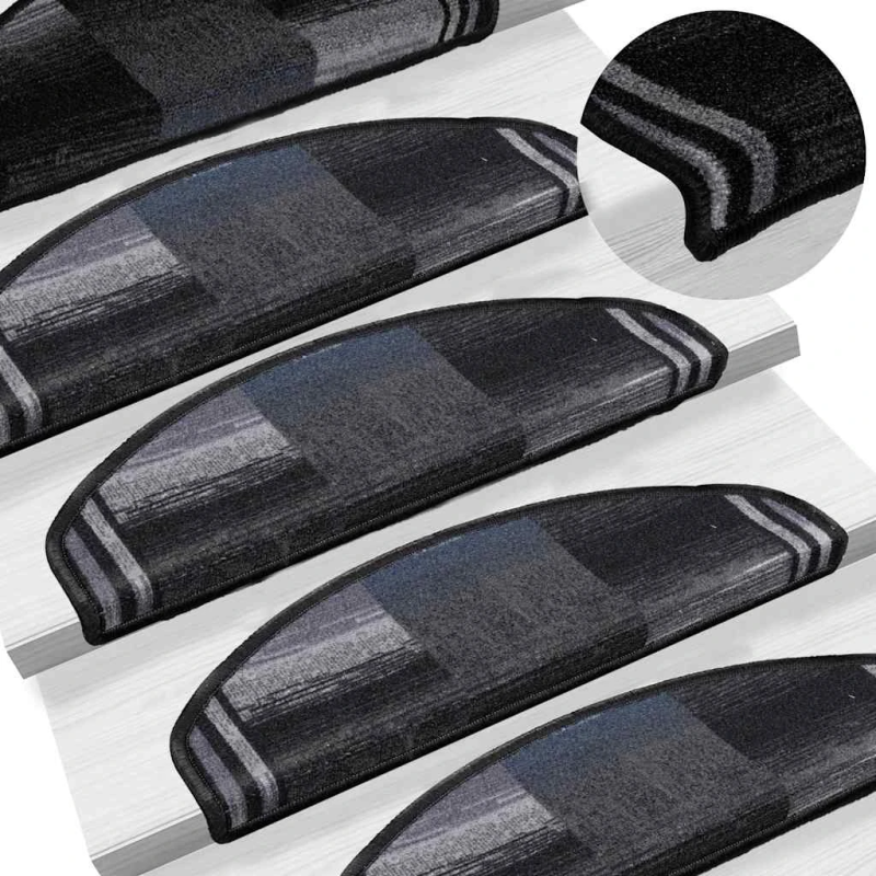 vidaXL kāpņu paklāji, 10 gab., pašlīmējoši, 65x21x4 cm melni ar pelēku