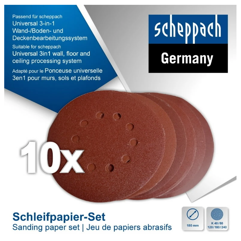 Velcro slīppapīra komplekts CGP1200 DIA180mm P40-80-120-180-24 DIA180mm P40-80-120-180-240, Scheppach