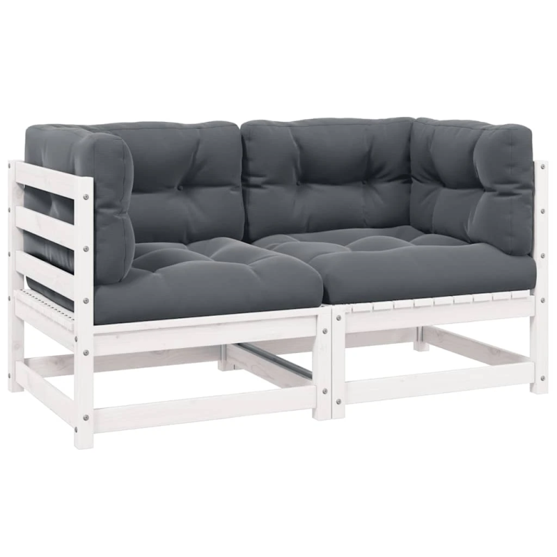 vidaXL 2-vietīgs dārza dīvāns ar matračiem, balts priedes masīvkoks