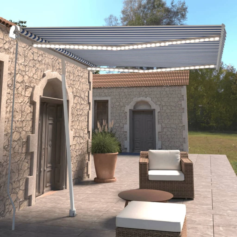 vidaXL izvelkama markīze ar LED, 300x250 cm, manuāla, zila un balta