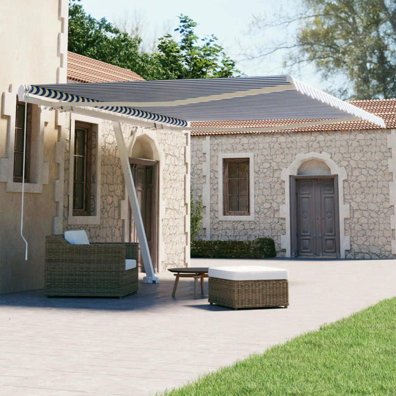 vidaXL izvelkama markīze ar kātu, 450x300 cm, manuāla, zila-balta