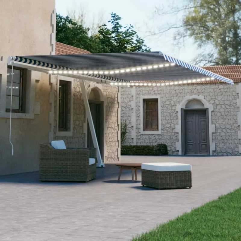 vidaXL izvelkama markīze, LED, vēja sensors, zila un balta, 500x300 cm