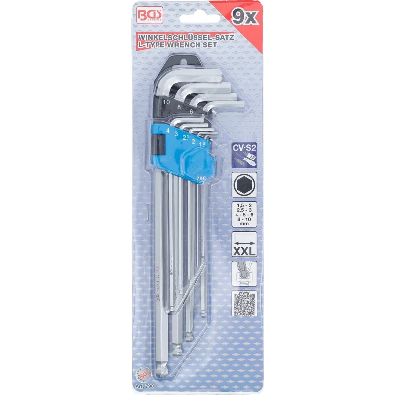 L-Type Wrench Set - extra long - internal Hexagon - internal Hexagon with Ball Head 1.5 - 10 mm - 9 pcs.