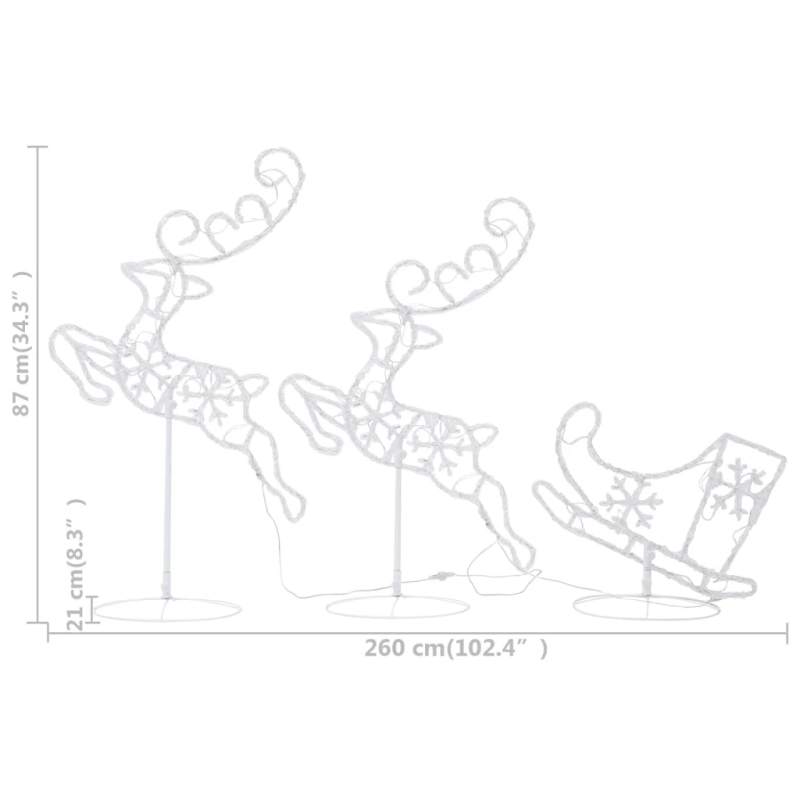 vidaXL Ziemassvētku dekorācija, lidojoši brieži, kamanas, 260x21x87 cm
