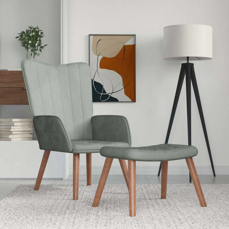 vidaXL atpūtas krēsls ar kāju balstu, gaiši pelēks samts