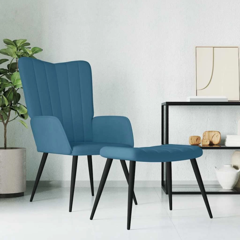 vidaXL atpūtas krēsls ar kāju balstu, zils samts