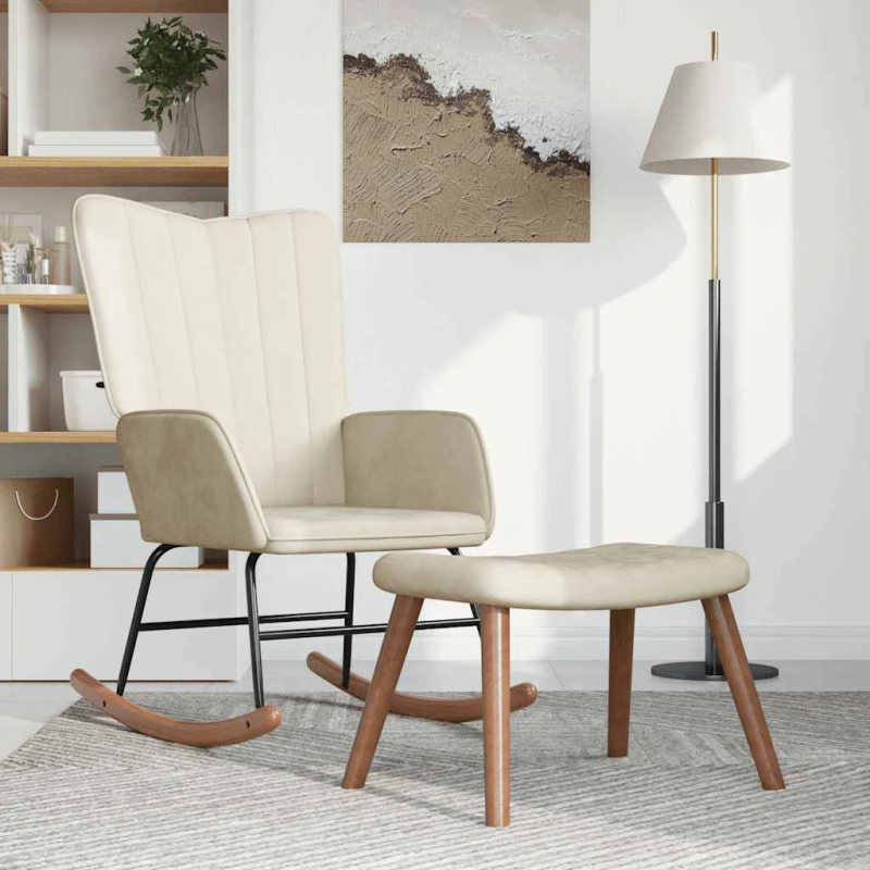 vidaXL šūpuļkrēsls ar kāju balstu, krēmbalts samts