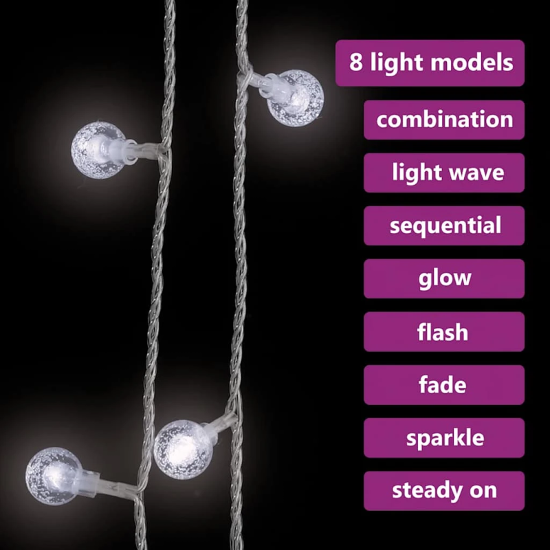 vidaXL LED lampiņu virtene, 20 m, 200 vēsi baltas LED, 8 funkcijas