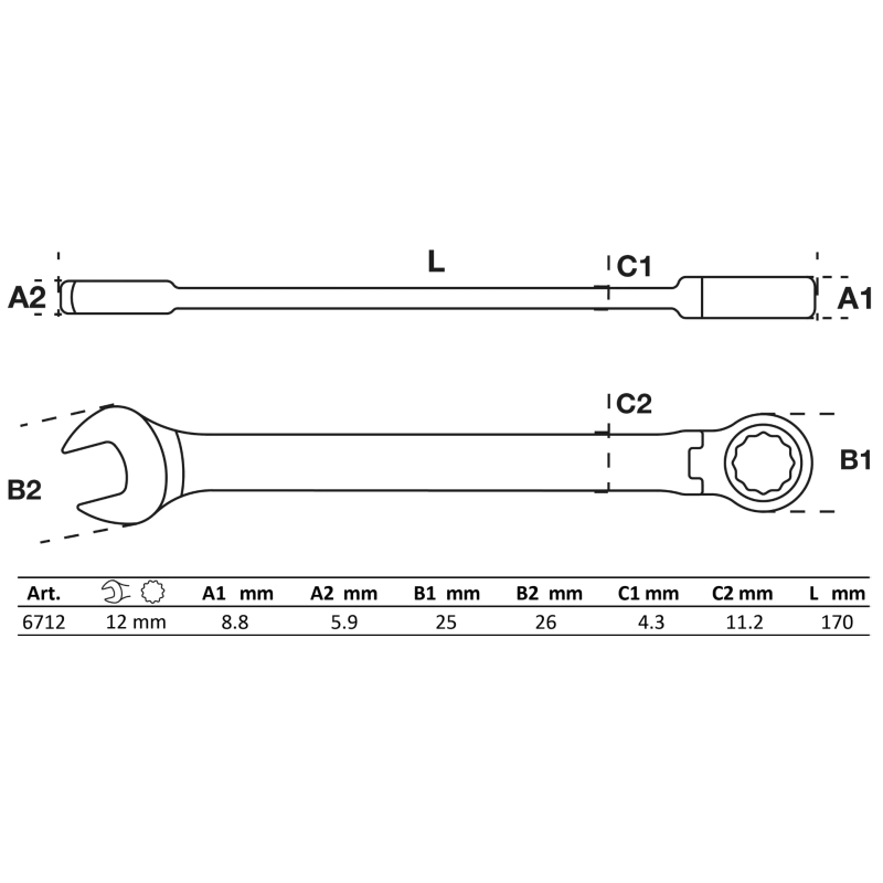 Regulējamā reversā kombinētā atslēga - 12 mm