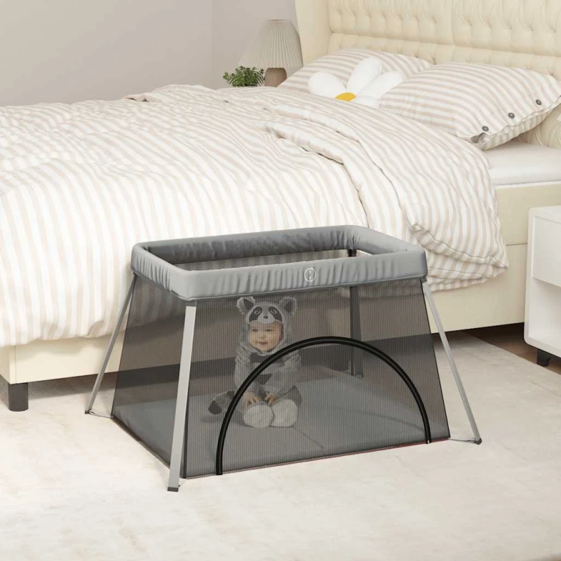 vidaXL bērnu sētiņa ar matraci, gaiši pelēks lina audums