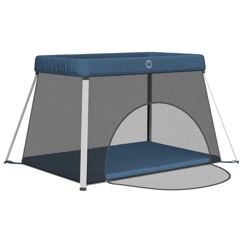 vidaXL bērnu sētiņa ar matraci, zils lina audums