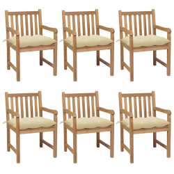 vidaXL dārza krēsli, krēmbalti matrači, 6 gab., masīvs tīkkoks