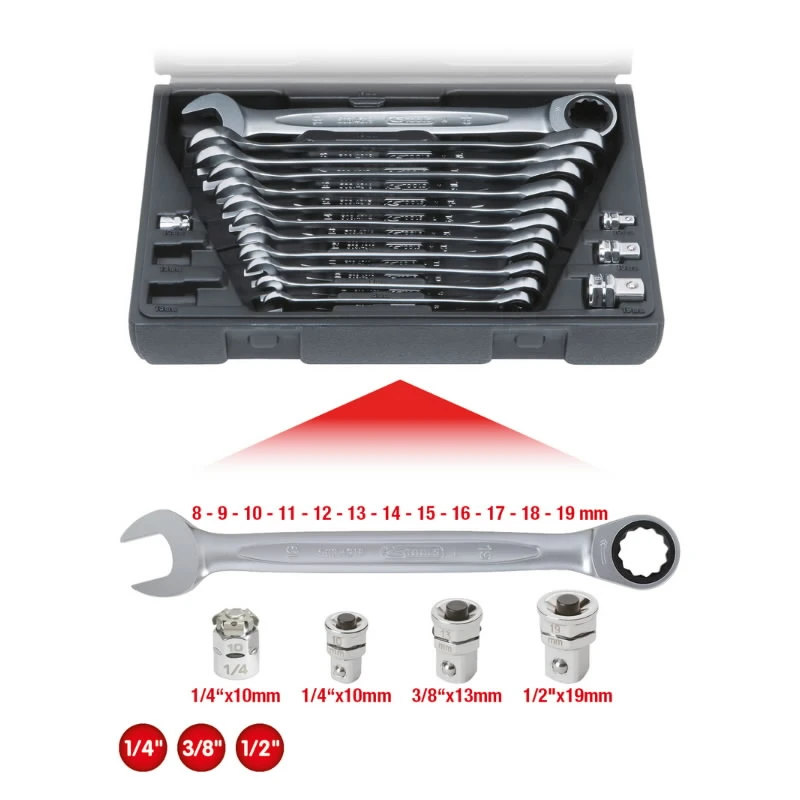 Kombinēto sprūdrata atslēgu komplekts GEARplus 8-19mm, 16gab, KS Tools