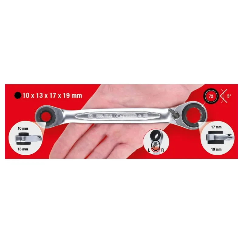 Dvigubas žiedinis terkšlinis raktas su reversu 10x19mm-13x17, KS Tools